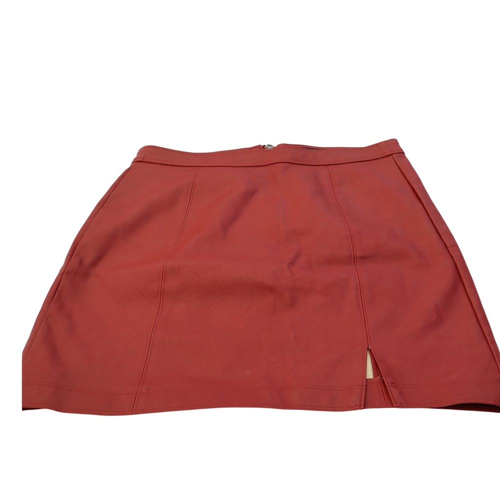 Shinestar Red Faux Leather Women Mini Skirt Exposed BackZipper Front Slit Size M